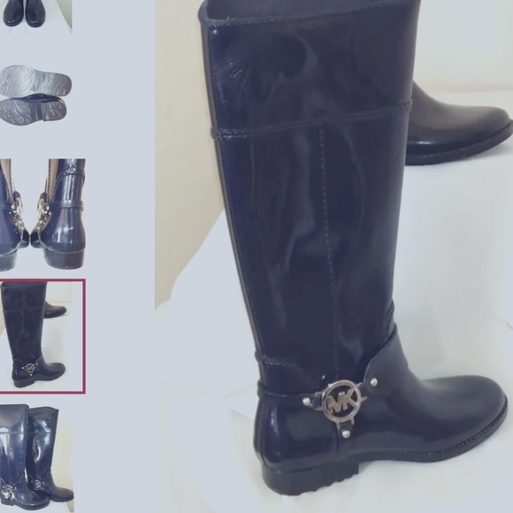 Midnight Blue Jean Navy MICHAEL KORS Silver Fulton Harness Rain Boot - Picture 1 of 4